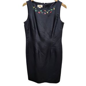 Talbots Petites silk sheath dress black floral embroidery 10